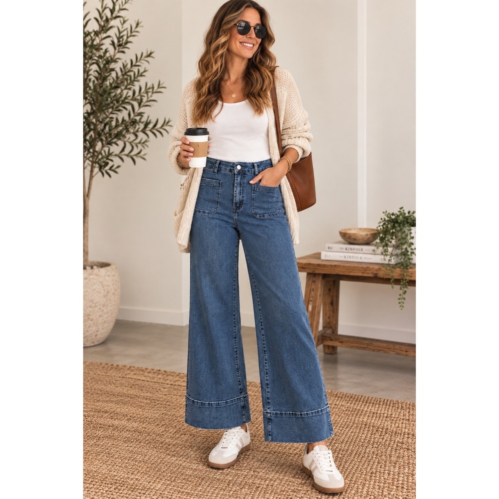 NWT Petal & Pup Cindy Wide Leg Crop Jeans Trouser Minimalist Medium Wash Sz 10